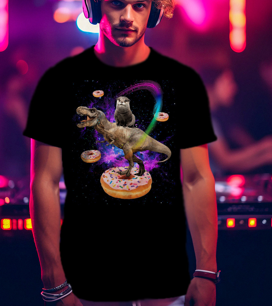 Space Otter On Dinosaur In Galaxy With Donuts T-Shirt