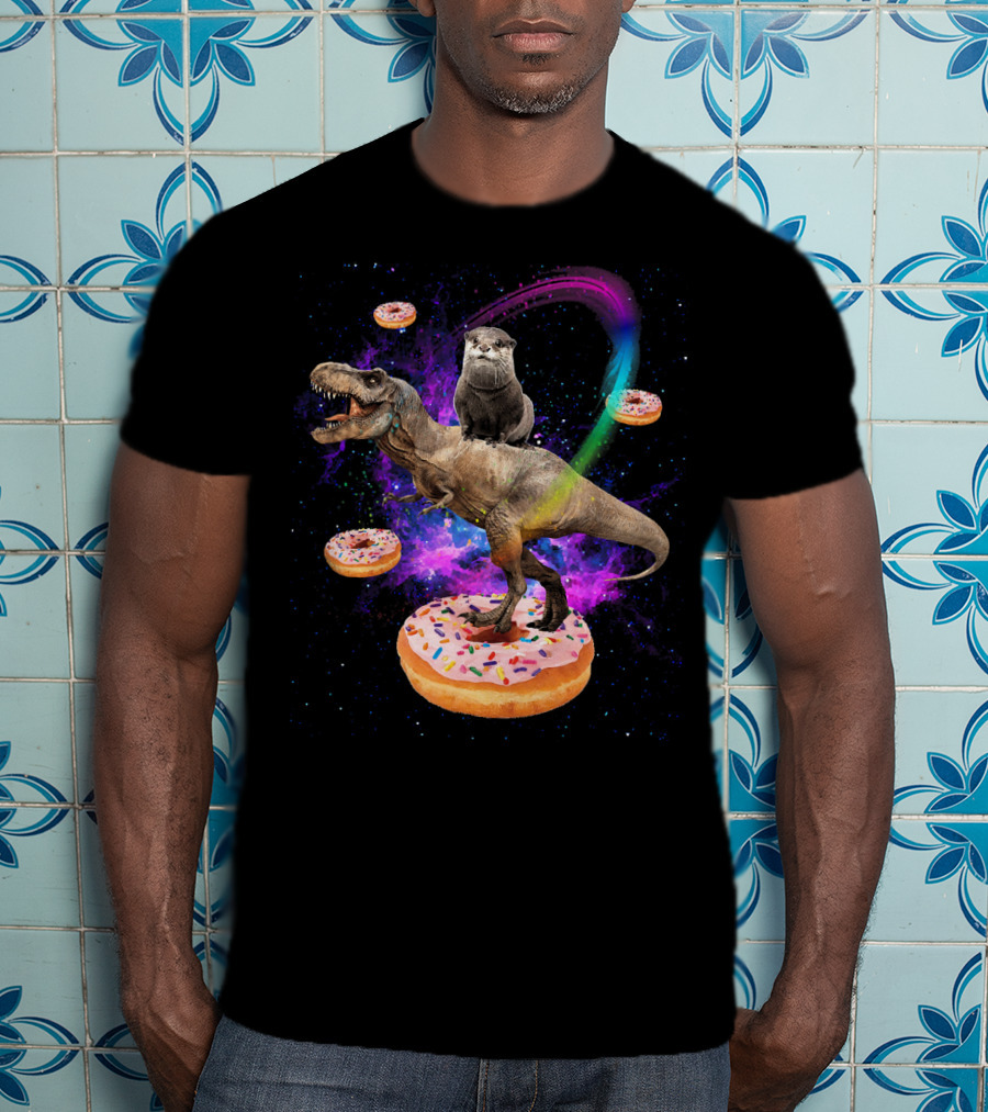 Space Otter On Dinosaur In Galaxy With Donuts T-Shirt