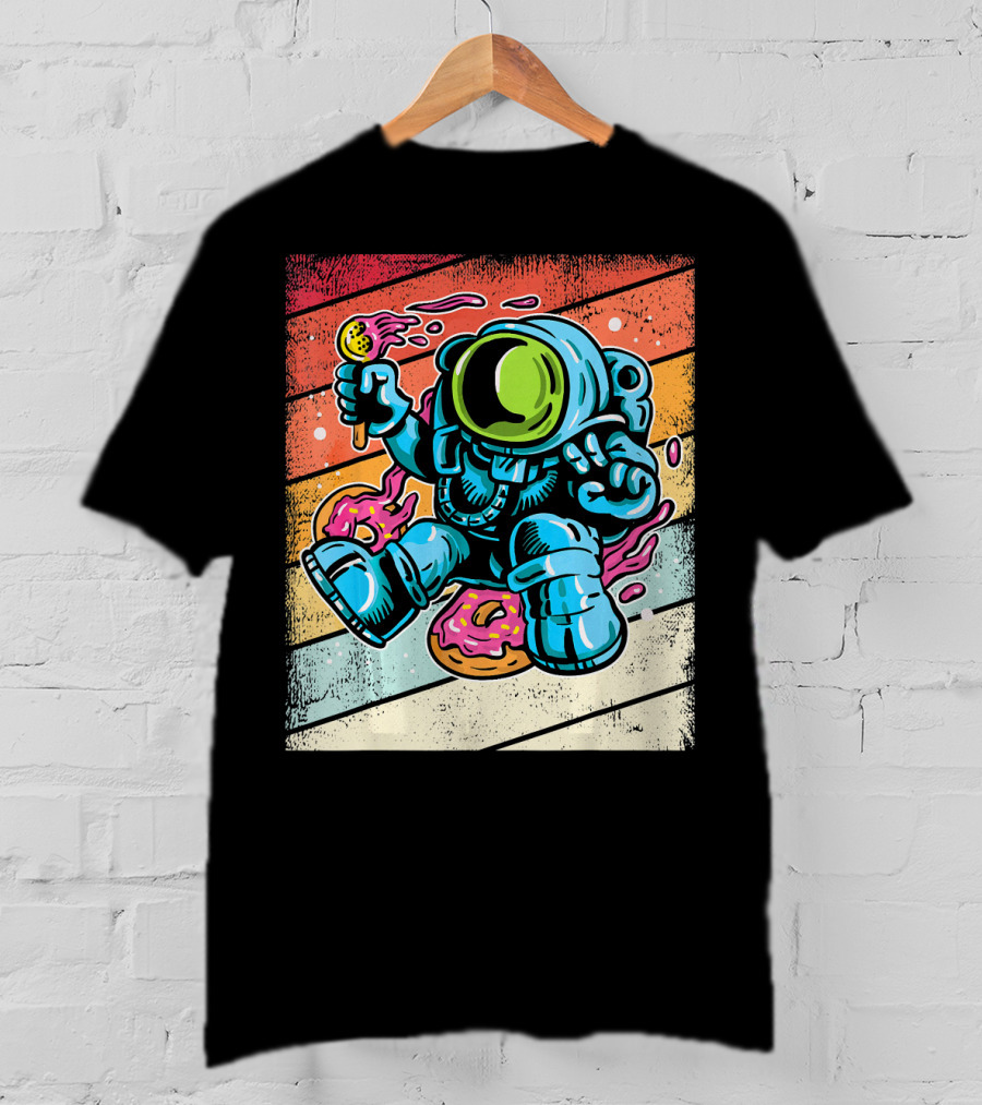 Astronaut Enjoying Ice Cream And Donuts In Retro Space Suit On Colorful T-Shirt