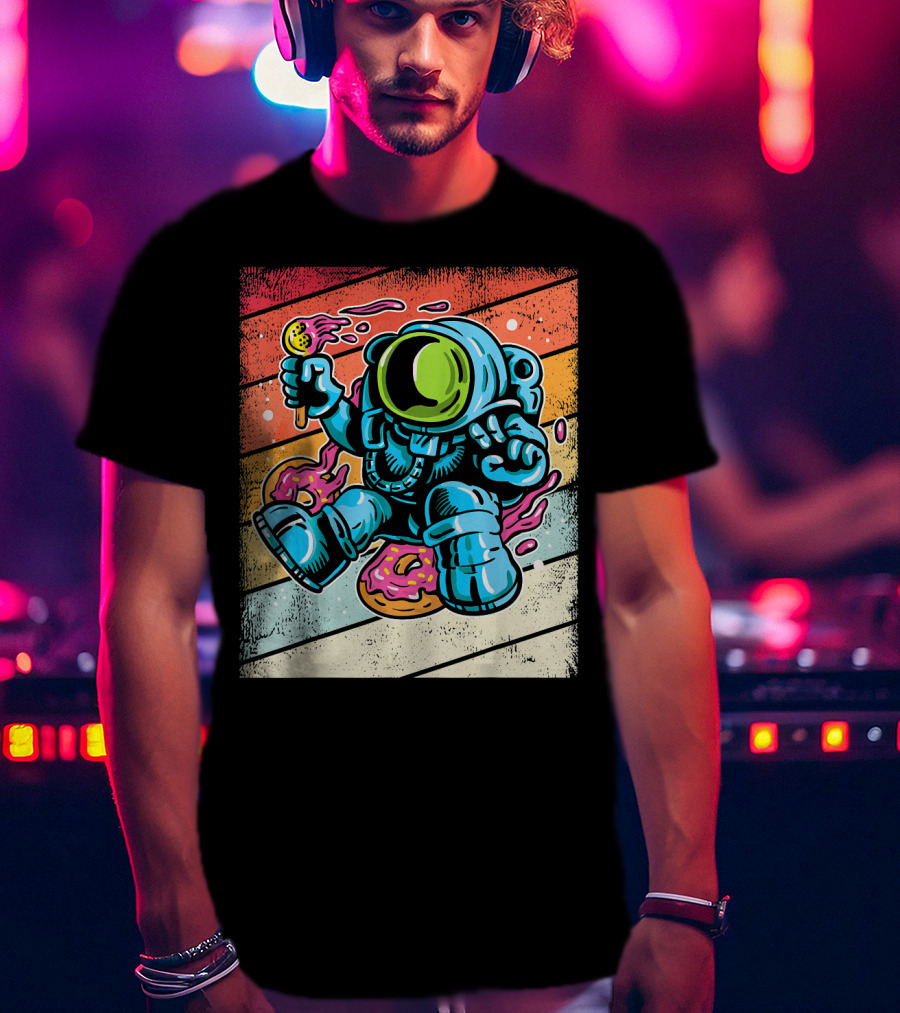 Astronaut Enjoying Ice Cream And Donuts In Retro Space Suit On Colorful T-Shirt
