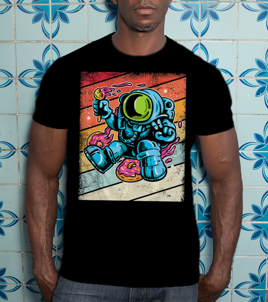 Astronaut Enjoying Ice Cream And Donuts In Retro Space Suit On Colorful T-Shirt