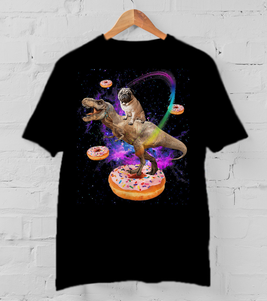 Space Pug Riding Dinosaur T-Rex With Donuts And Galactic Background T-Shirt