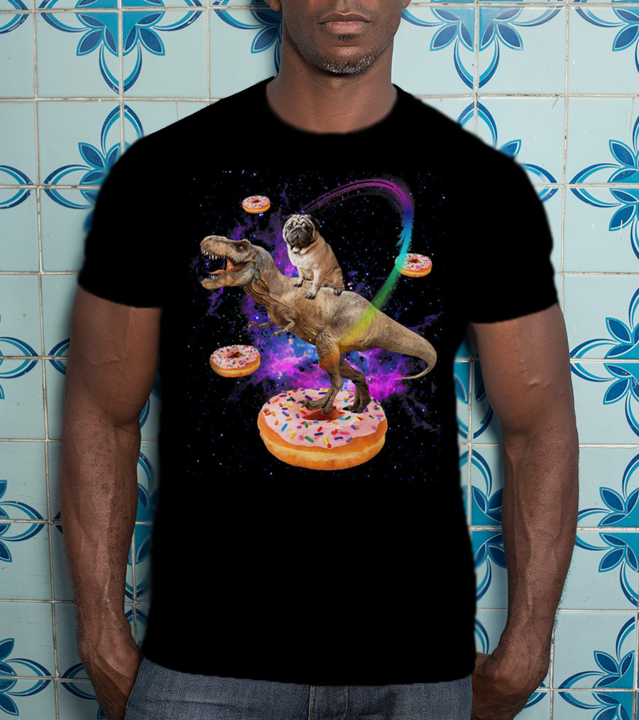 Space Pug Riding Dinosaur T-Rex With Donuts And Galactic Background T-Shirt