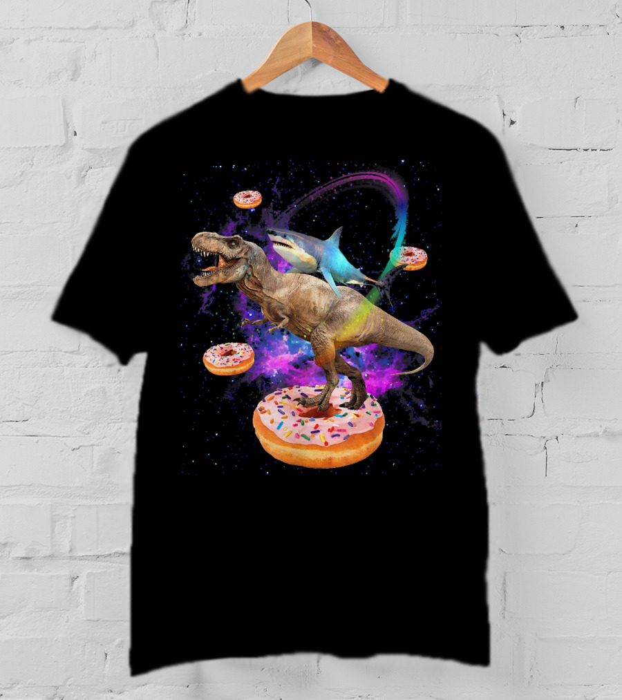 Space Shark And T-Rex Riding On Glazed Donut Galaxy T-Shirt