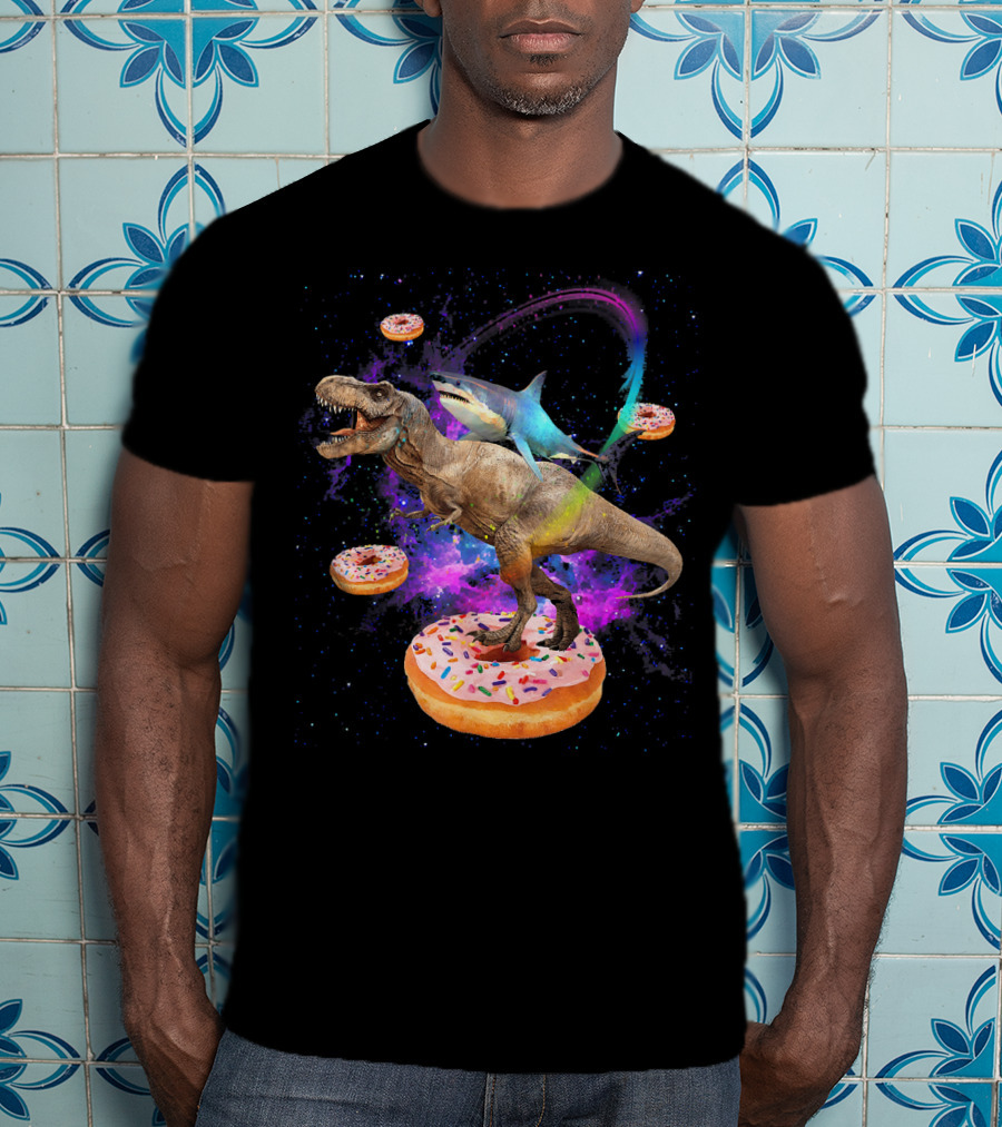 Space Shark And T-Rex Riding On Glazed Donut Galaxy T-Shirt