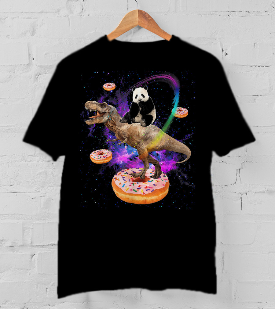 Space Panda Riding T-Rex On Sprinkled Donuts In Galaxy T-Shirt