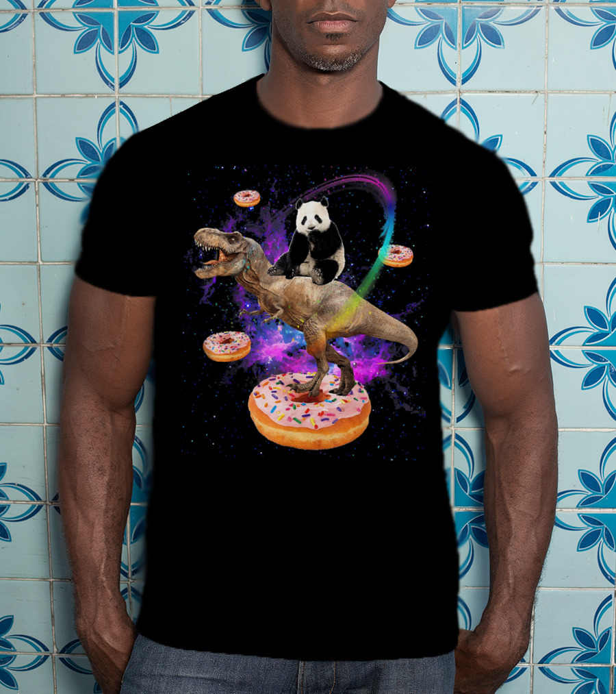 Space Panda Riding T-Rex On Sprinkled Donuts In Galaxy T-Shirt