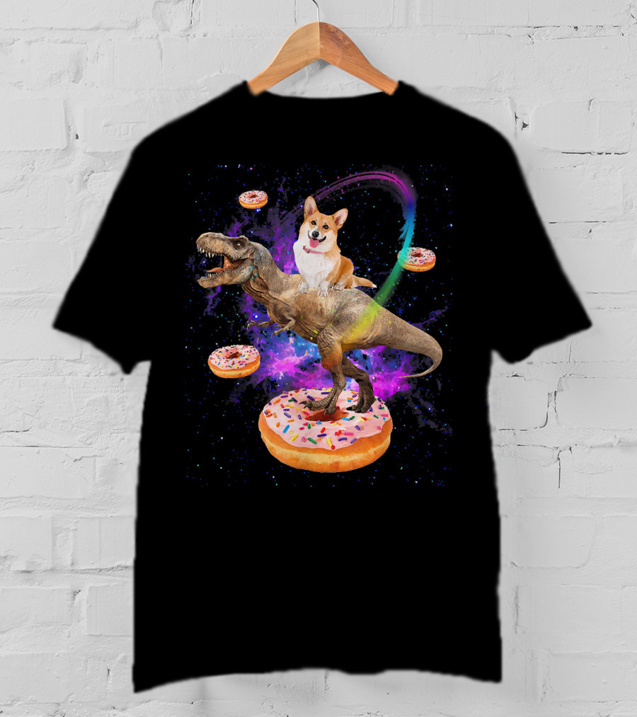Space Corgi Riding Dinosaur Rex With Floating Donuts In Galaxy T-Shirt