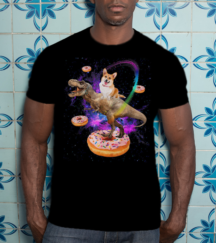 Space Corgi Riding Dinosaur Rex With Floating Donuts In Galaxy T-Shirt