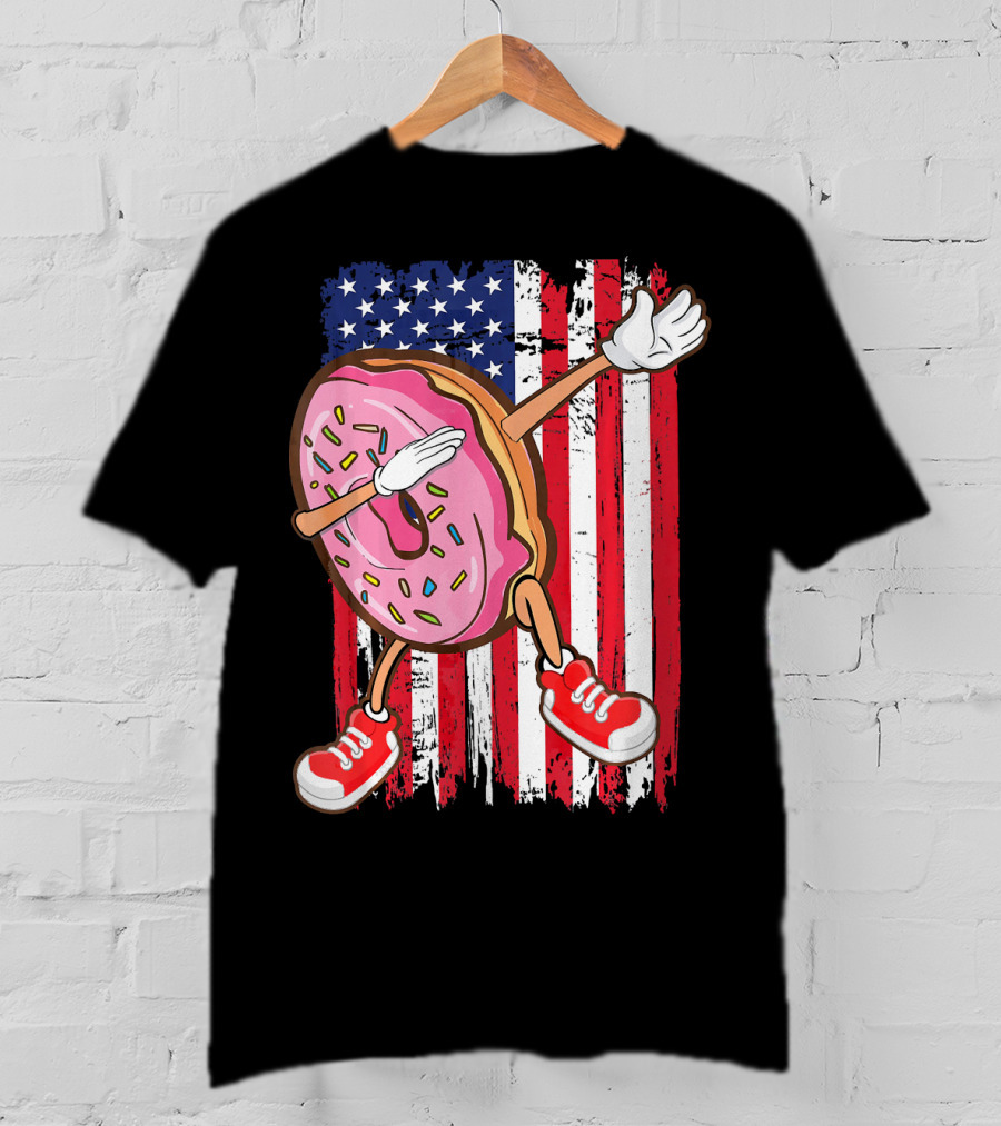 Dabbing American USA Strawberry Frosted Donut On Flag Background T-Shirt