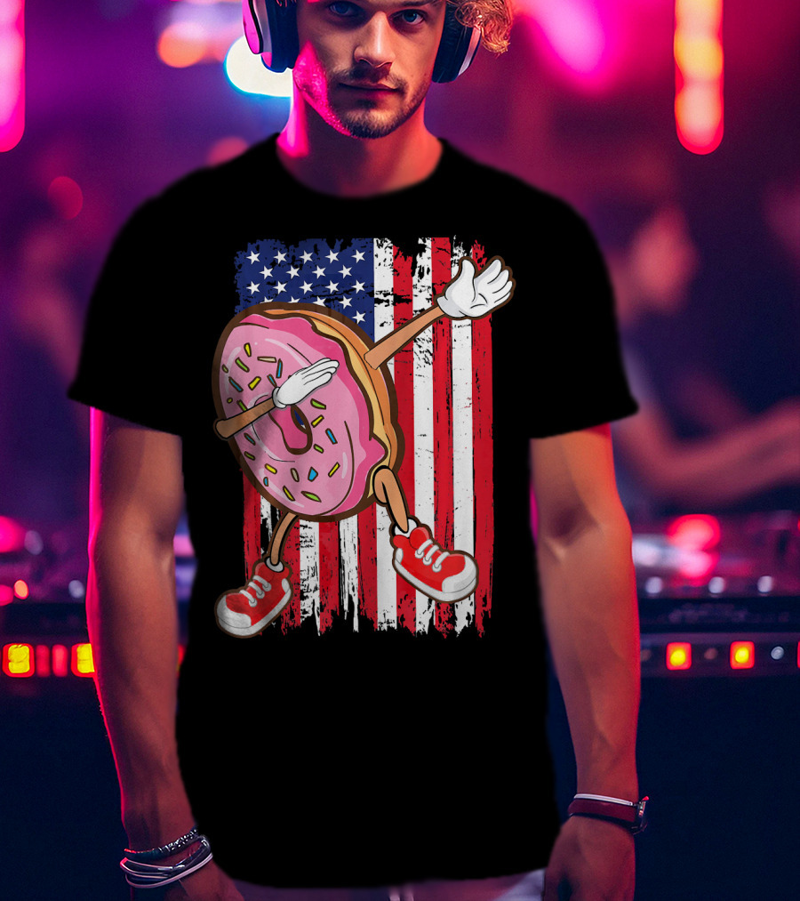 Dabbing American USA Strawberry Frosted Donut On Flag Background T-Shirt
