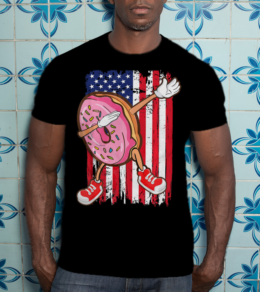 Dabbing American USA Strawberry Frosted Donut On Flag Background T-Shirt