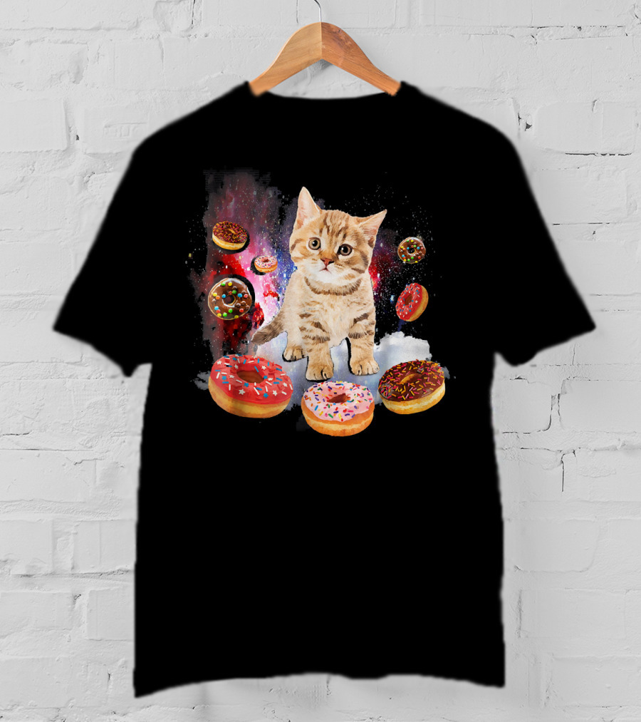 Cosmic Encounter With Cat Surrounded By Colorful Donuts In Space T-Shirt