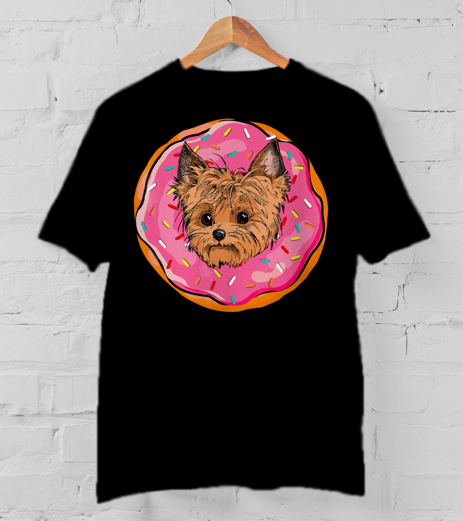 Funny Donut Dog Face Yorkie Yorkie Donut Sprinkles T-Shirt