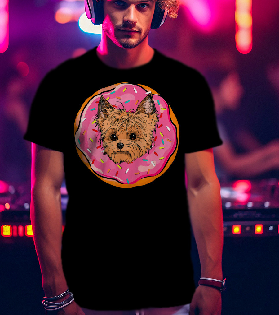 Funny Donut Dog Face Yorkie Yorkie Donut Sprinkles T-Shirt