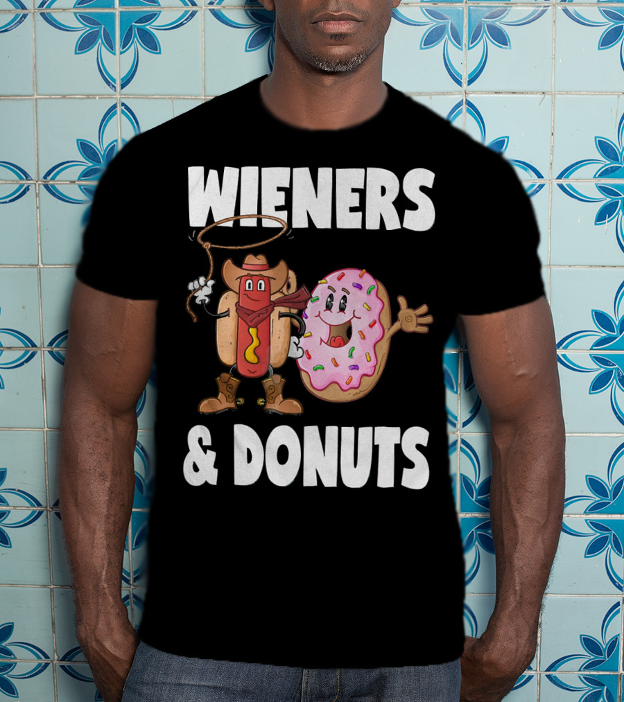 WIENERS And DONUTS Funny Vintage Hot Dog Cowboy And Happy Donut With Sprinkles T-Shirt