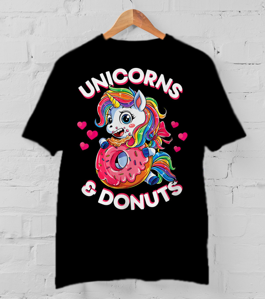 UNICORNS And DONUTS Rainbow Unicorn Eating Donut Surrounded By Hearts T-Shirt
