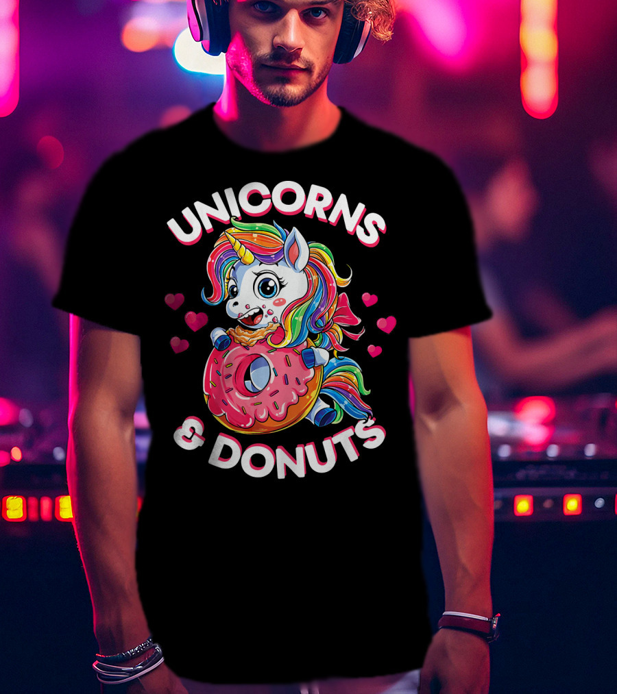 UNICORNS And DONUTS Rainbow Unicorn Eating Donut Surrounded By Hearts T-Shirt