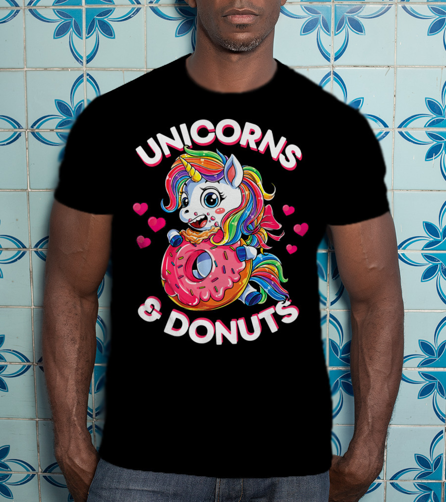 UNICORNS And DONUTS Rainbow Unicorn Eating Donut Surrounded By Hearts T-Shirt