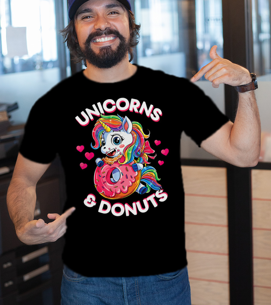 UNICORNS And DONUTS Rainbow Unicorn Eating Donut Surrounded By Hearts T-Shirt