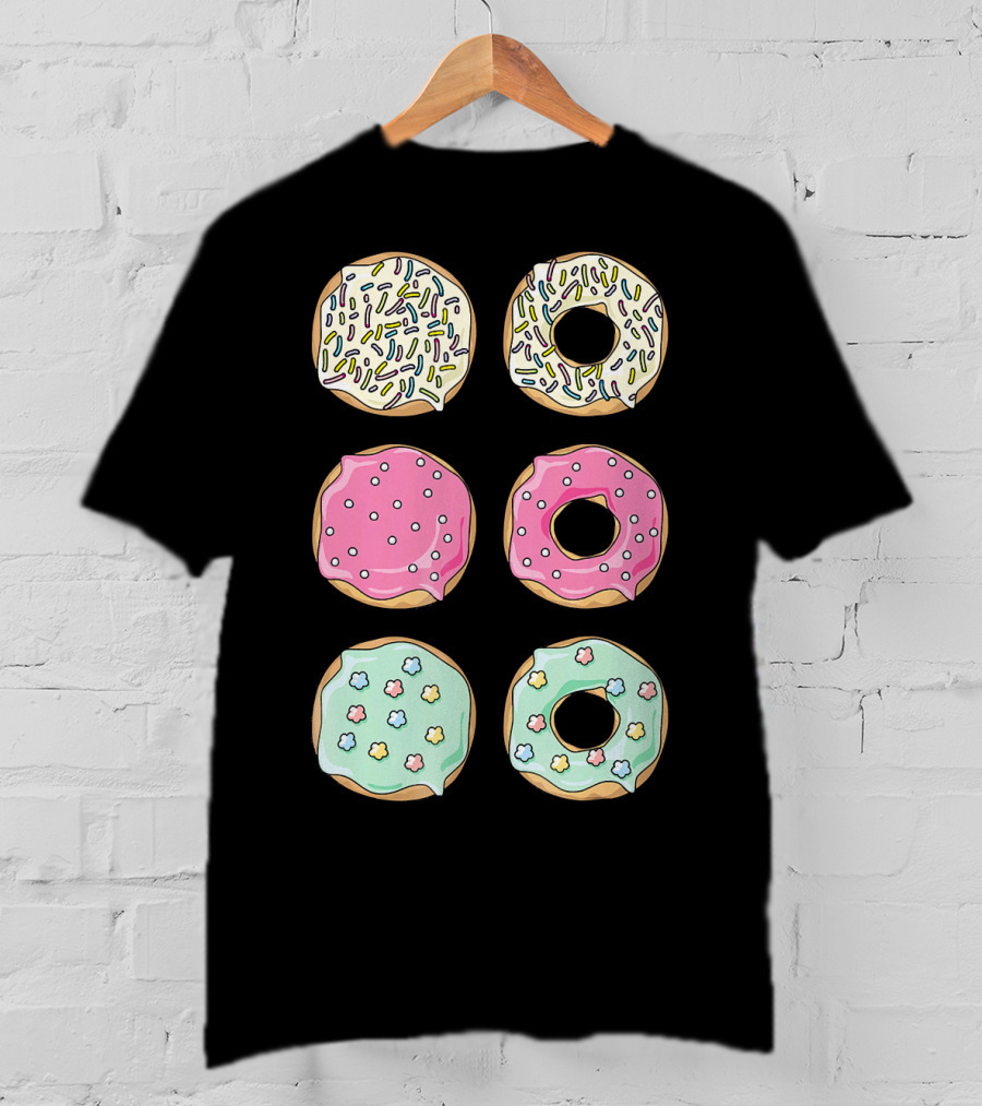 Colorful Pastel Sprinkles Donuts Pink Glaze Floral Shapes T-Shirt