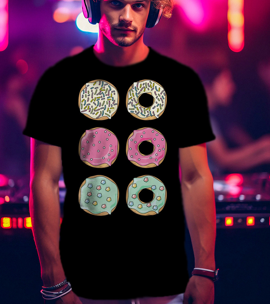 Colorful Pastel Sprinkles Donuts Pink Glaze Floral Shapes T-Shirt