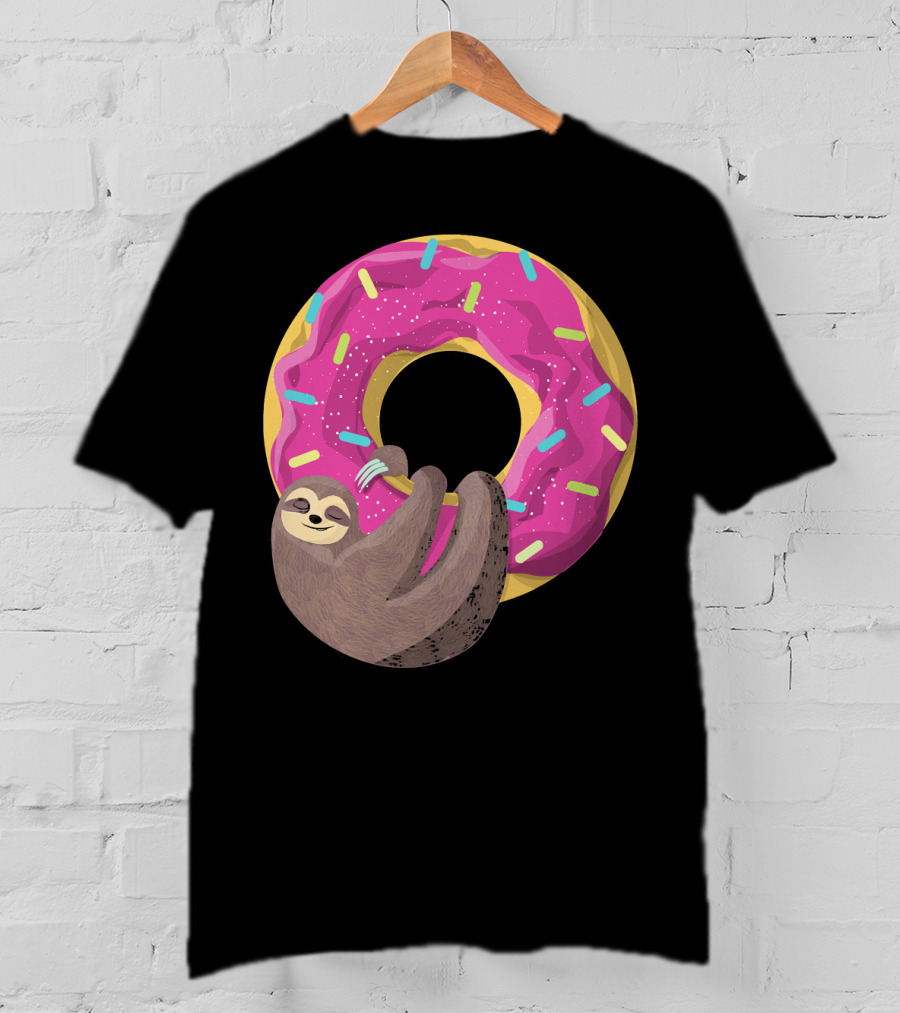 Sloth Hugging Pink Sprinkled Donut T-Shirt