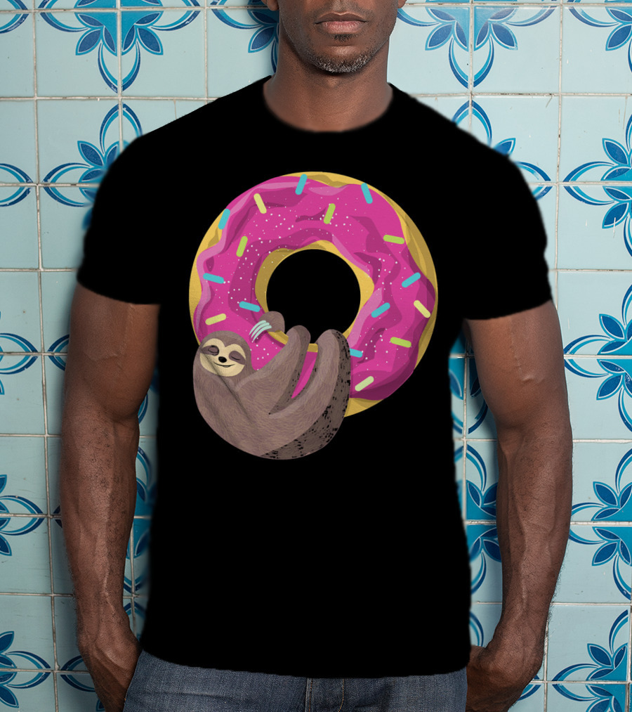 Sloth Hugging Pink Sprinkled Donut T-Shirt