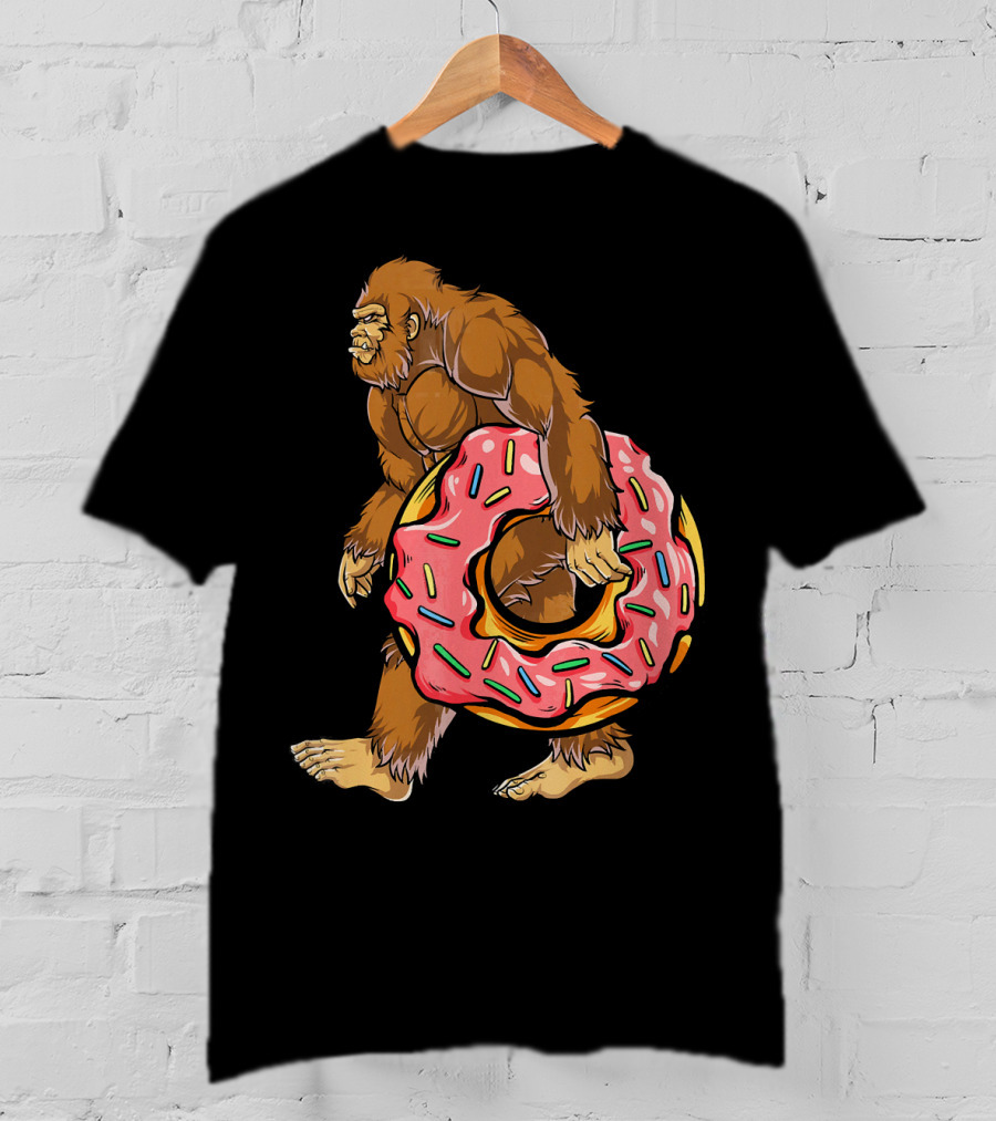 Bigfoot Sasquatch Holding Sprinkled Donut T-Shirt