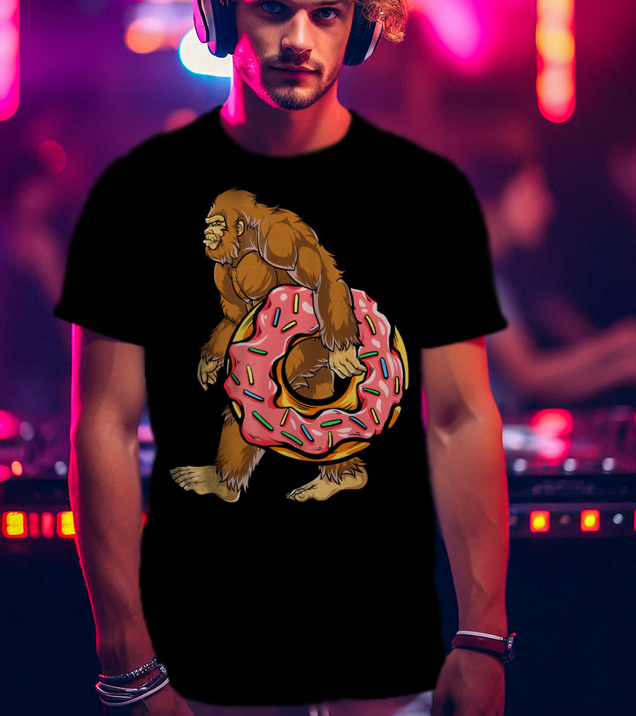 Bigfoot Sasquatch Holding Sprinkled Donut T-Shirt