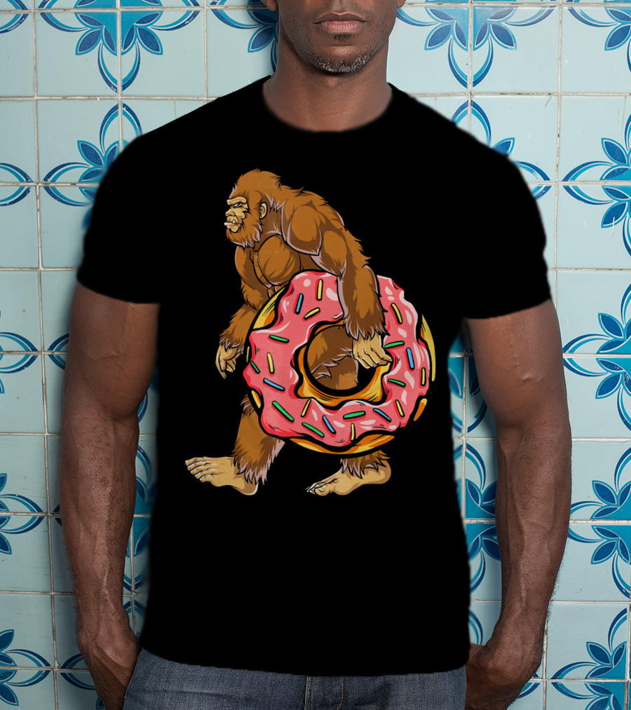 Bigfoot Sasquatch Holding Sprinkled Donut T-Shirt