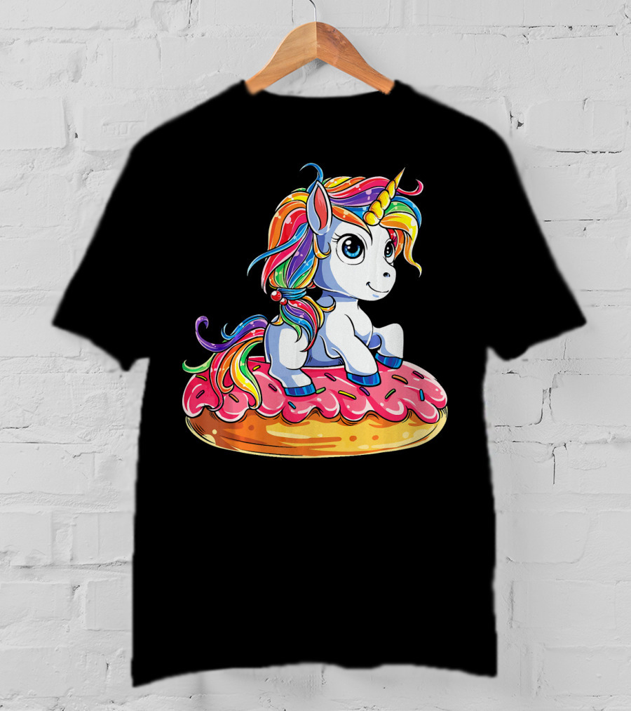 Rainbow Unicorn Sitting On Donut Girls Kids T-Shirt