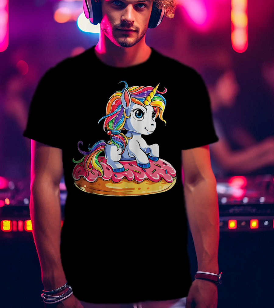 Rainbow Unicorn Sitting On Donut Girls Kids T-Shirt