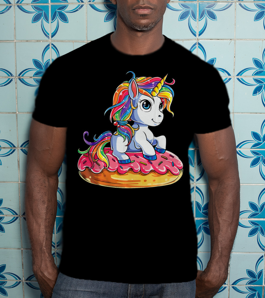 Rainbow Unicorn Sitting On Donut Girls Kids T-Shirt
