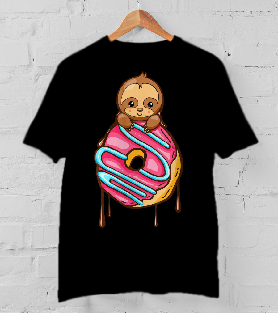 Cute Sloth And Pink Frosted Donut Lover T-Shirt