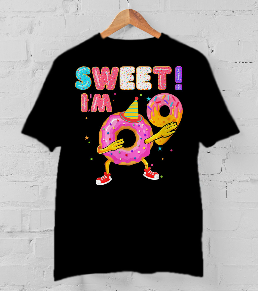 Sweet I'm 9 Years Old Birthday Donut With Sprinkles And Party Hat T-Shirt