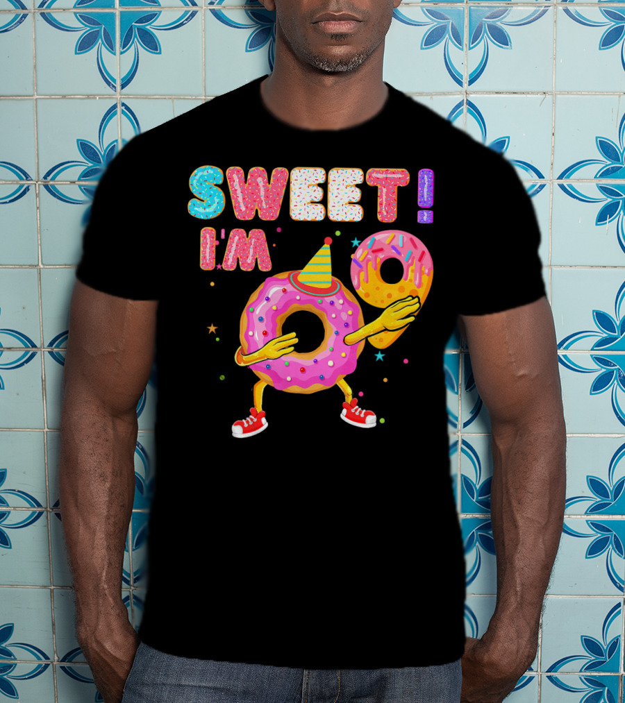 Sweet I'm 9 Years Old Birthday Donut With Sprinkles And Party Hat T-Shirt