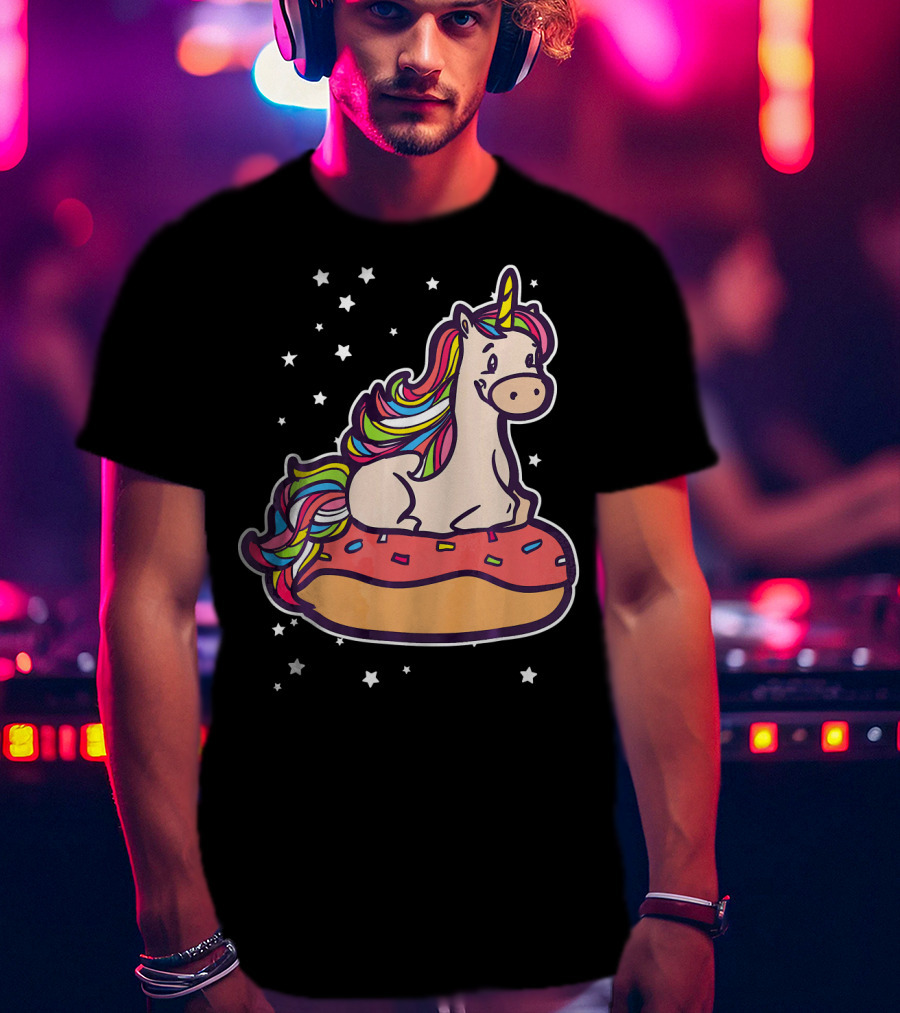 Rainbown Pastel Colors Unicorn Donut Fun With Stars T-Shirt