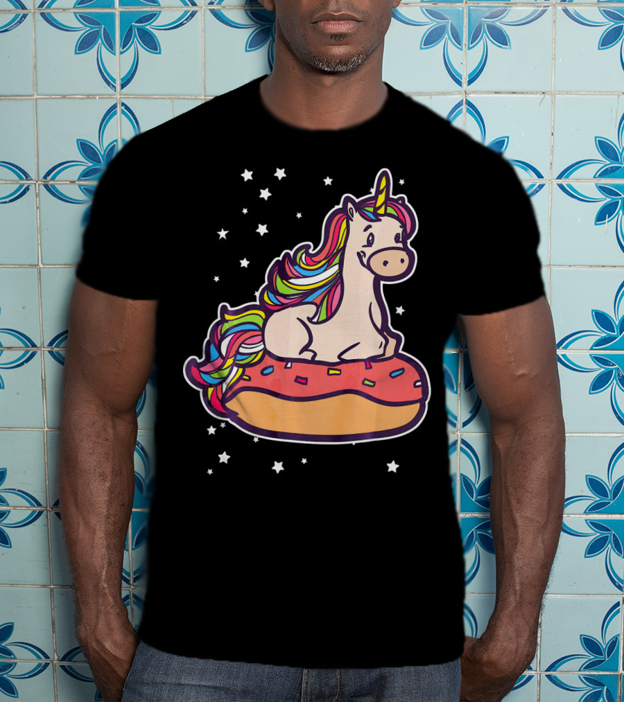 Rainbown Pastel Colors Unicorn Donut Fun With Stars T-Shirt