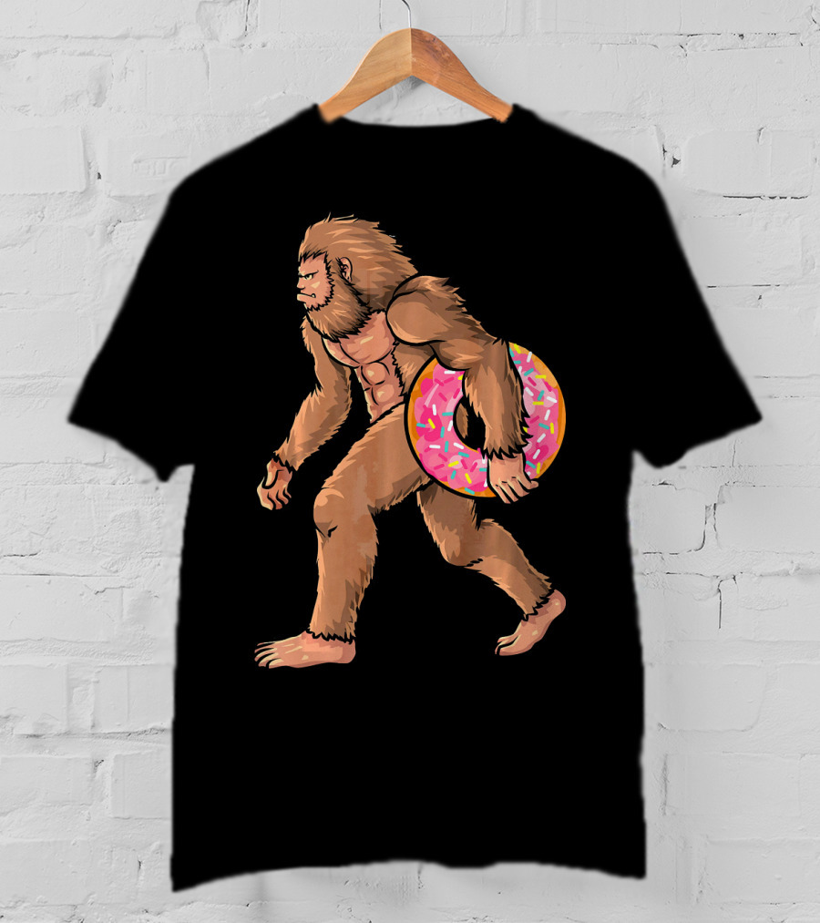 Bigfoot With Sprinkled Doughnut Walking Image T-Shirt