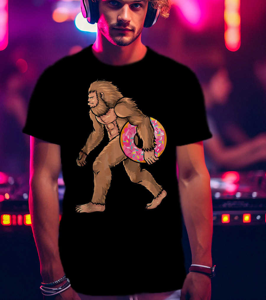 Bigfoot With Sprinkled Doughnut Walking Image T-Shirt