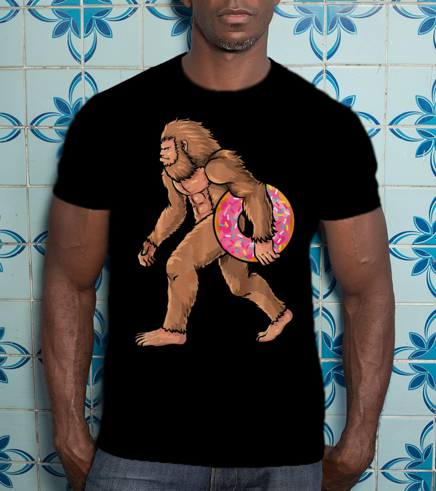 Bigfoot With Sprinkled Doughnut Walking Image T-Shirt