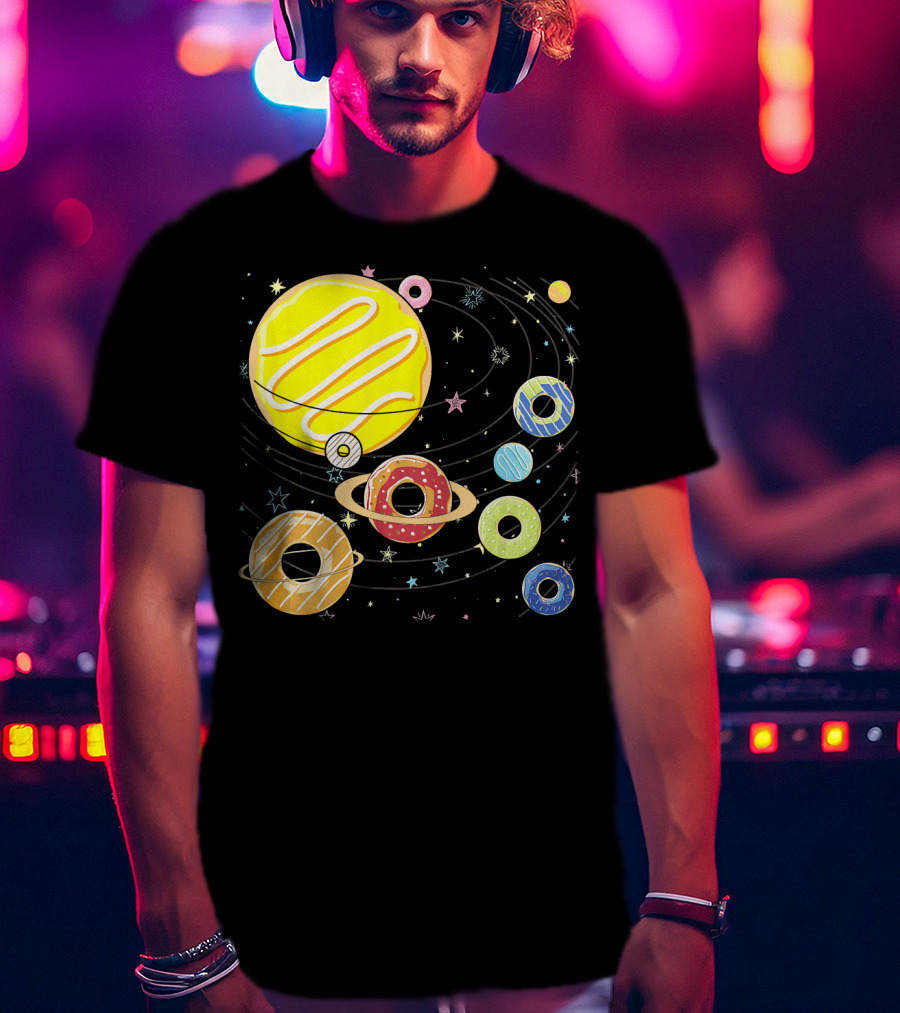 Galaxy Planets As Glazed Donuts Doughnuts With Stars T-Shirt