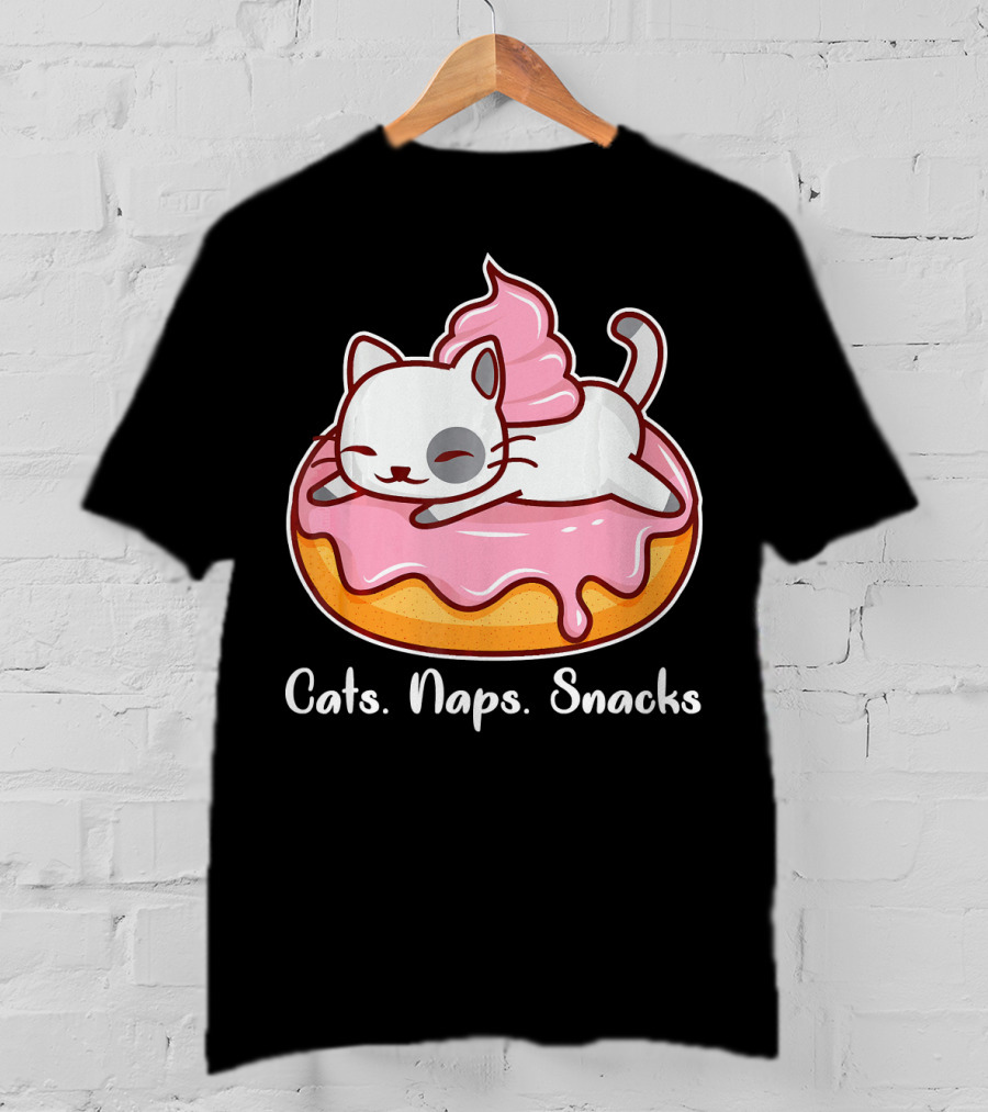 Cats Naps Snacks With Cute Kitty On Pink Icing Donut T-Shirt