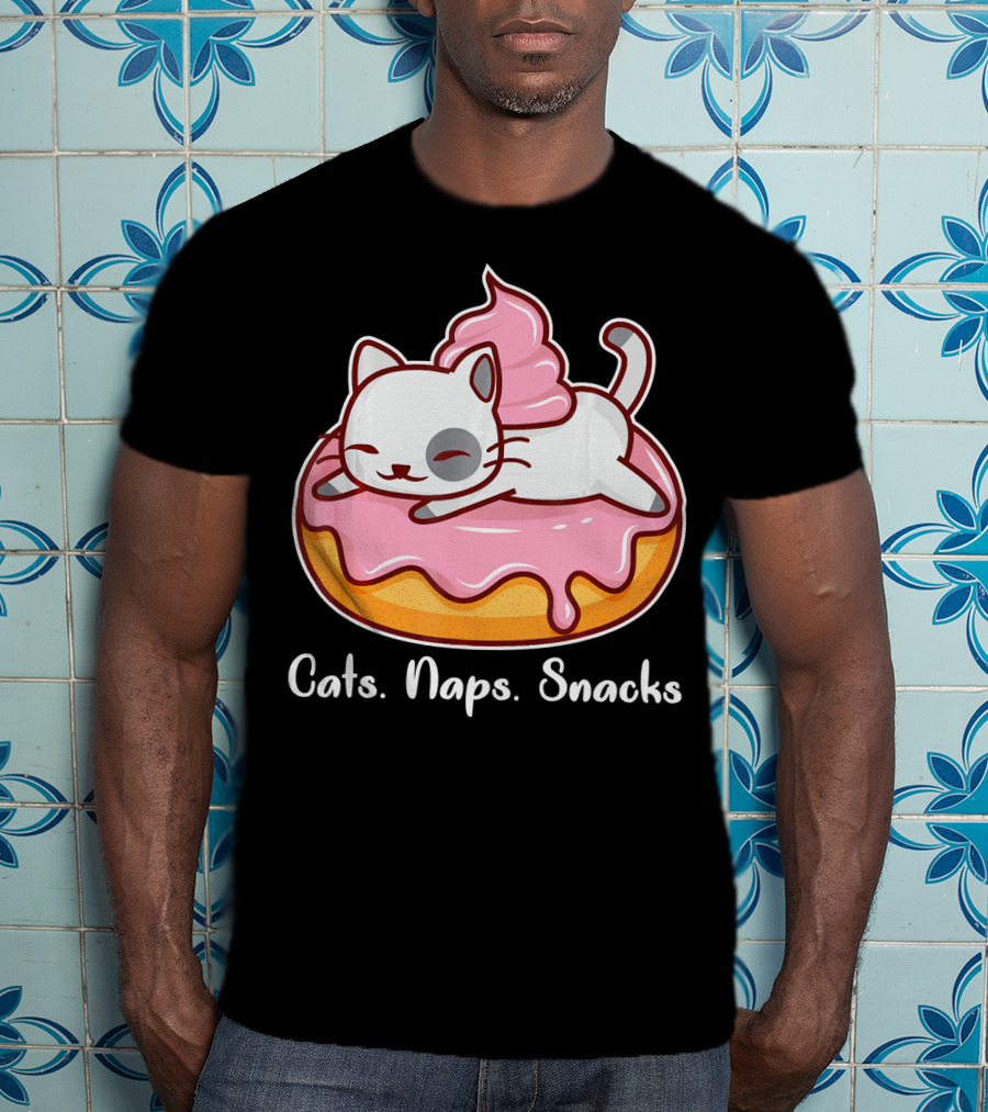 Cats Naps Snacks With Cute Kitty On Pink Icing Donut T-Shirt