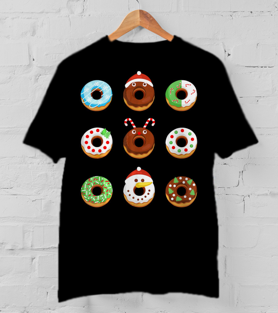 Christmas Donut Snowflakes Santa Candy Canes Holly Wreath Trees Snowman T-Shirt