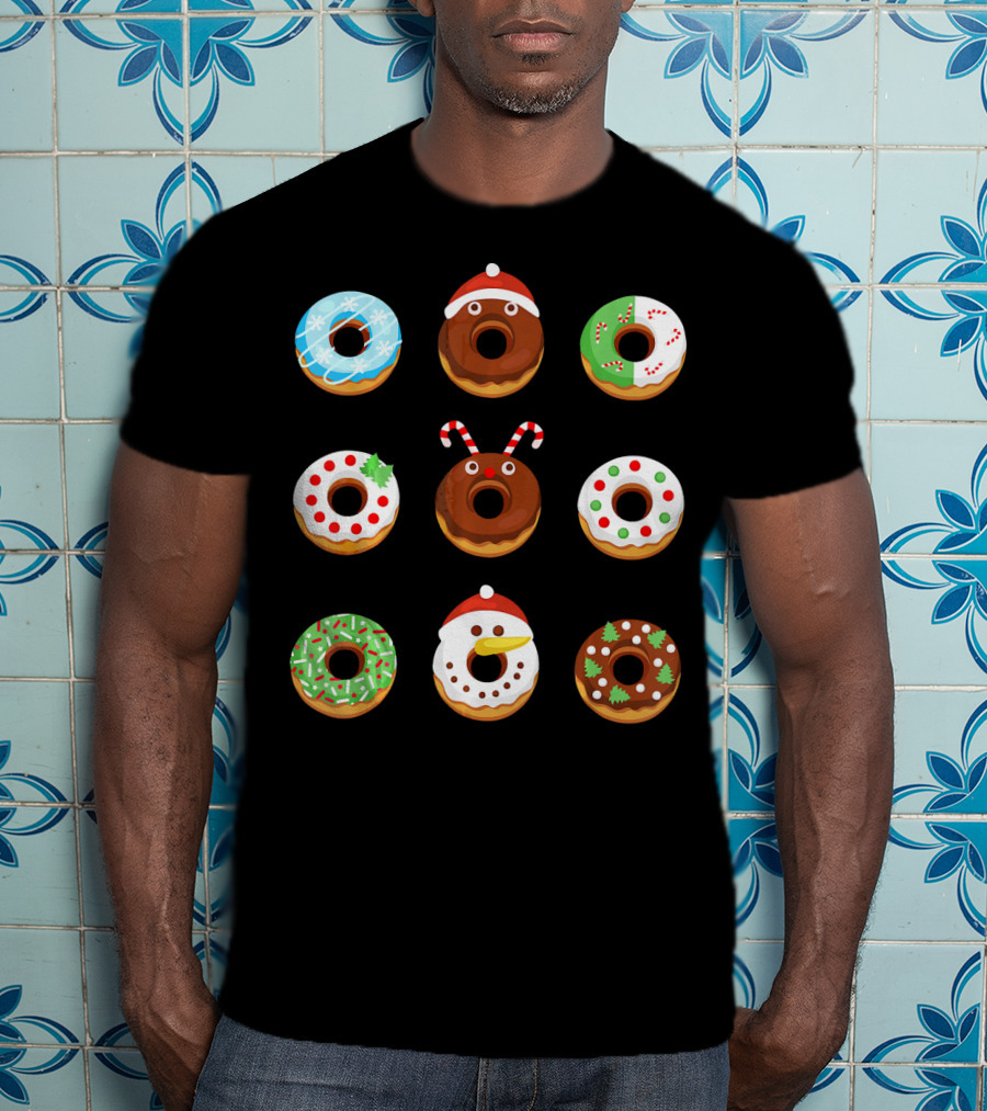 Christmas Donut Snowflakes Santa Candy Canes Holly Wreath Trees Snowman T-Shirt