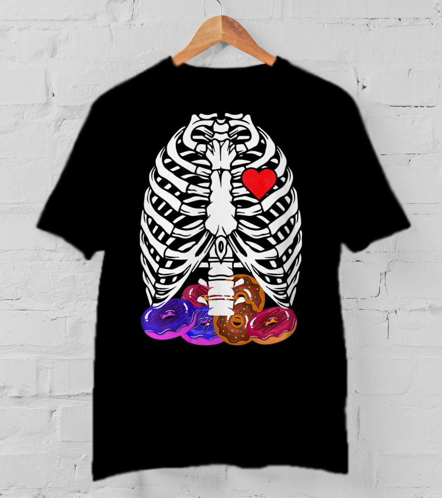 Funny Halloween Rib Cage Skeleton With Heart And Colorful Donuts T-Shirt