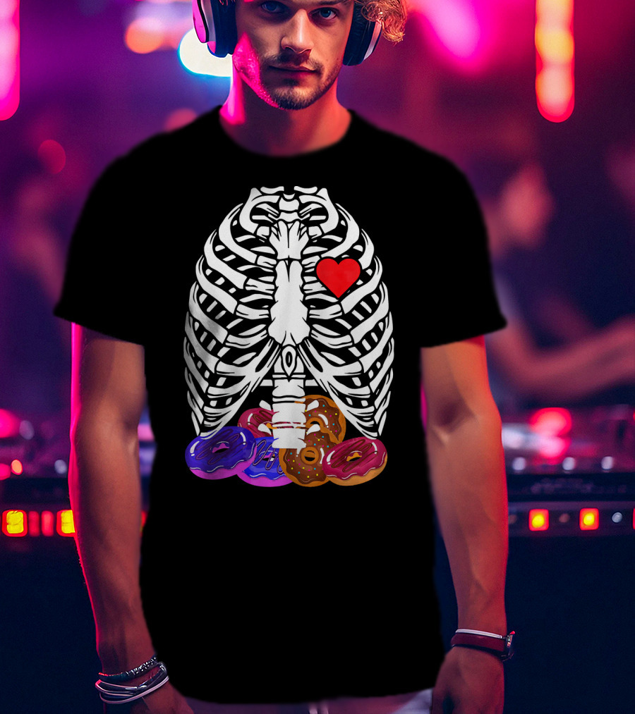 Funny Halloween Rib Cage Skeleton With Heart And Colorful Donuts T-Shirt