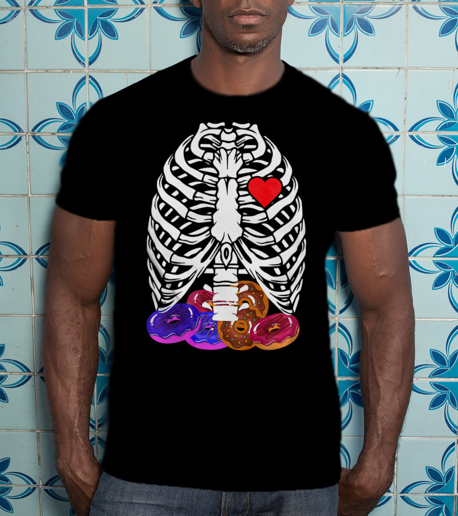 Funny Halloween Rib Cage Skeleton With Heart And Colorful Donuts T-Shirt